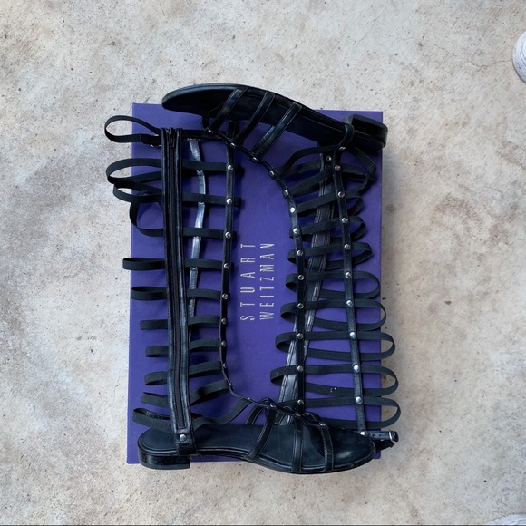Stuart Weitzman Gladiator Sandals Black Leather With Box - 8.5 - Picture 2 of 16
